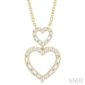 1/3 Ctw Twin Heart Fusion Baguette and Round Cut Diamond Pendant With Chain in 10K Yellow Gold